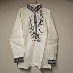 Cream Barong Tagalog Black Embroidery Formal Sheer Shirt Mens